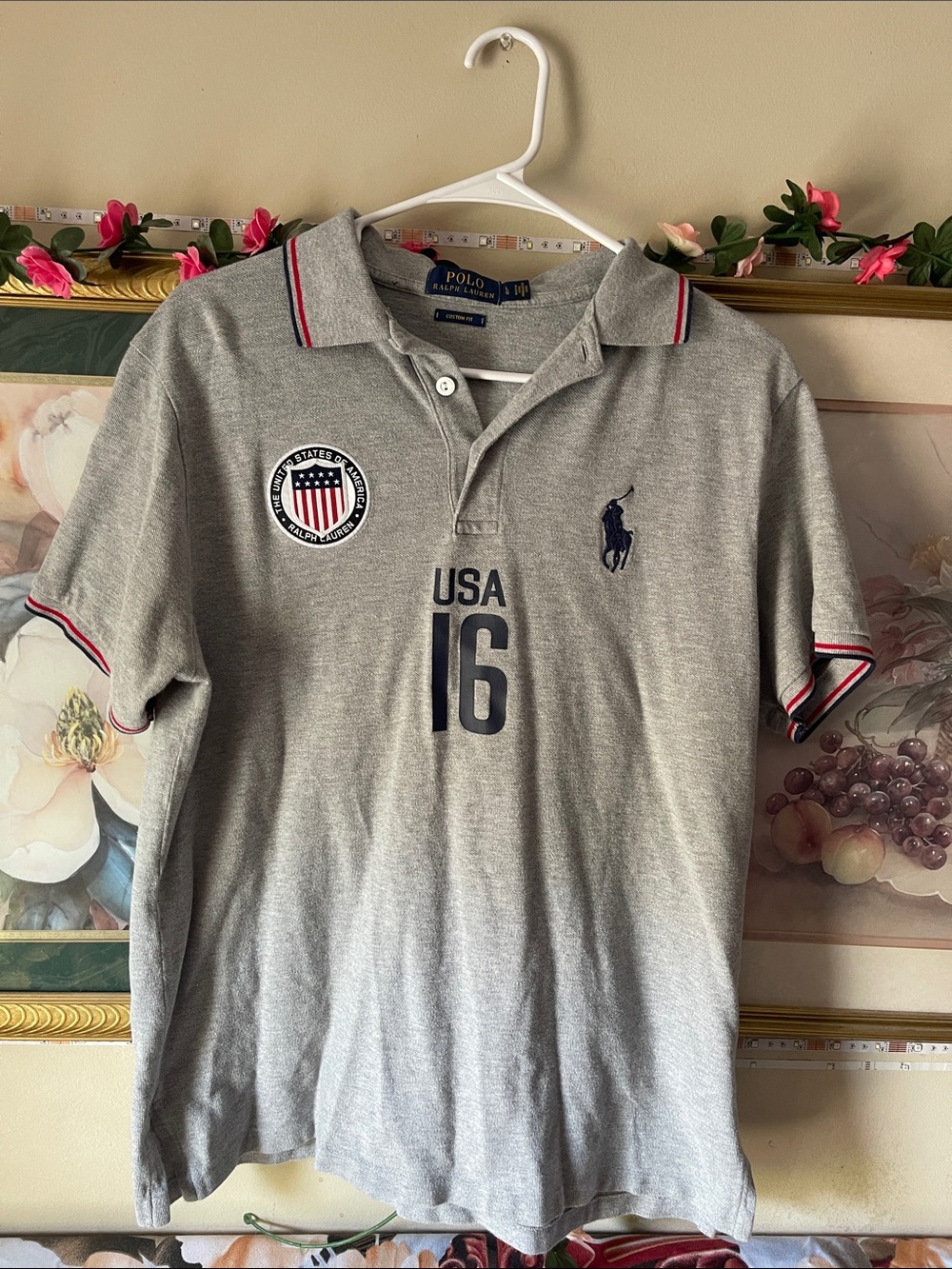 Polo by Ralph Lauren Gray USA 16 Short-Sleeve Polo with Navy & Red Trim